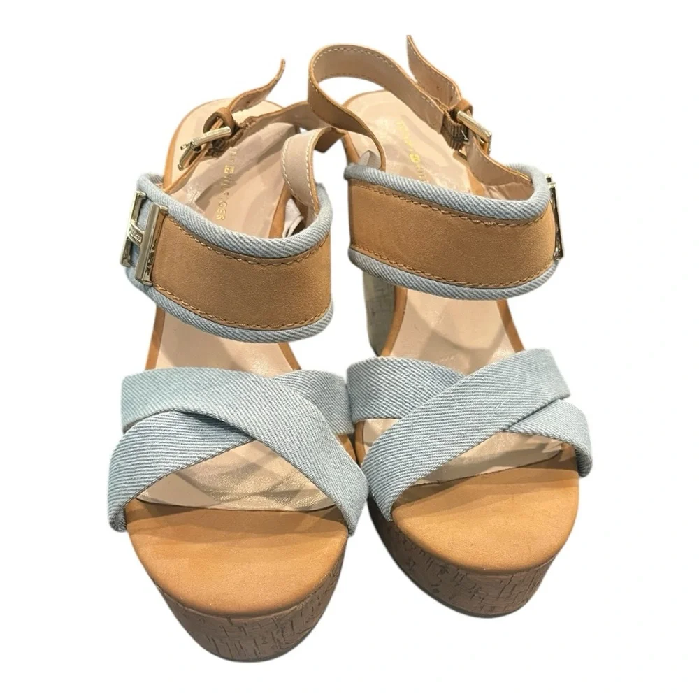 Tommy Hilfiger Denim and Tan Cork Gold‎ Hardware Wedges Size 9
